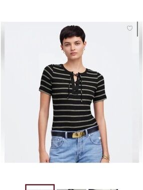 Madewell Black and White Lace-Up Striped Short Sleeve Knit Tee